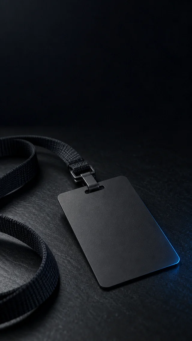 An ID card on a lanyard lying on a desk