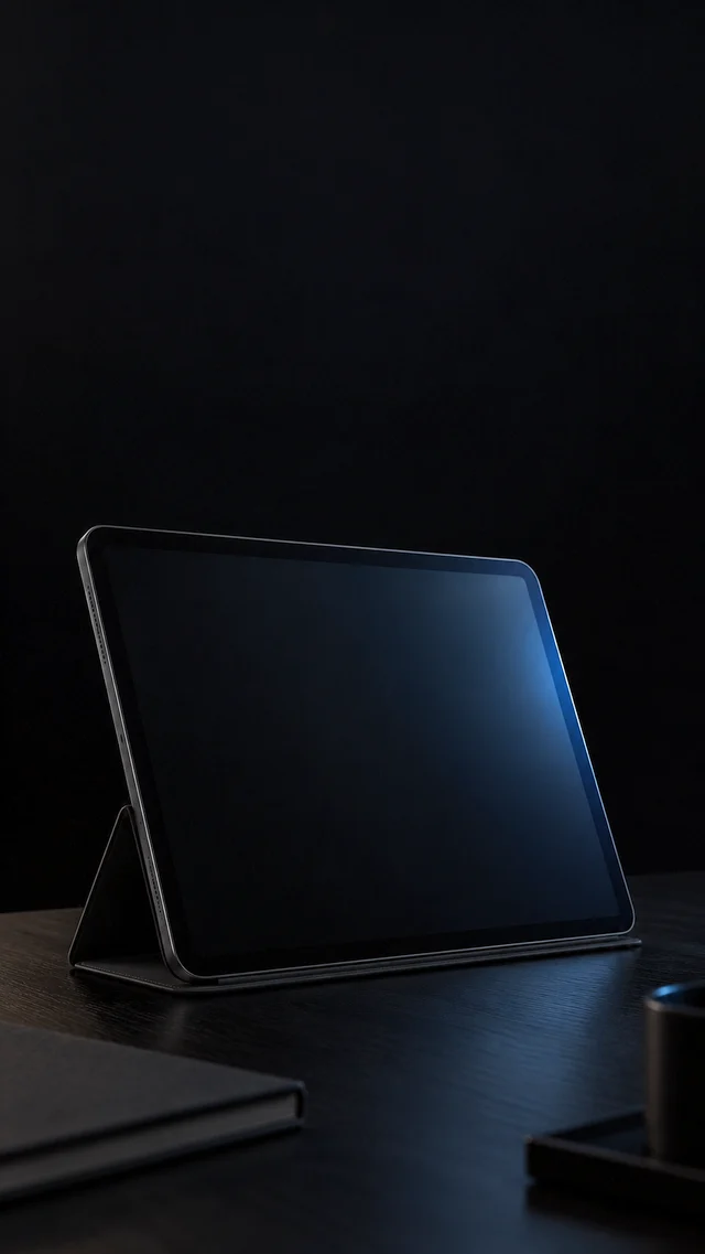 An iPad on a stand with an Apple Pencil beside it